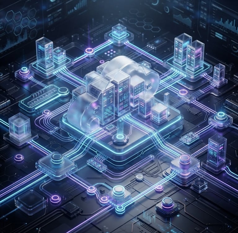 Futuristic isometric 3D render of a glowing glassmorphic cloud server network topology, dark ambient studio lighting with neon blue and violet accents, octane render