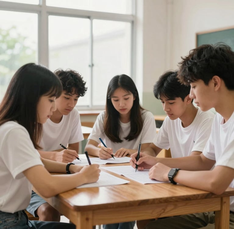 Bright classroom setting with high school students collaborating on a project around a wooden table, natural window light, authentic learning environment, 35mm lens