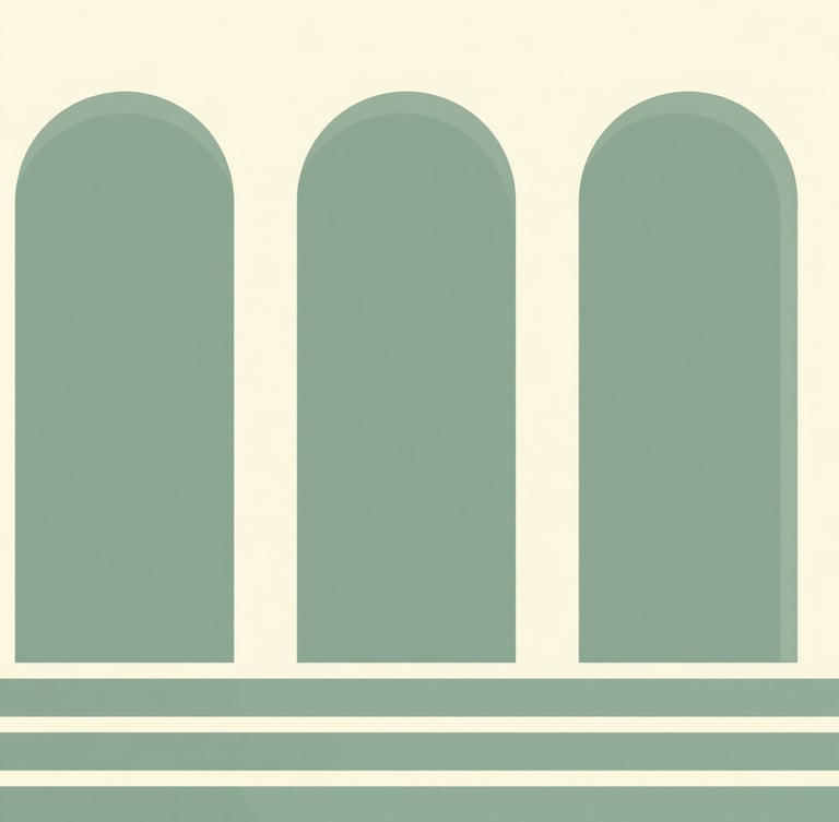 Minimalist vector illustration of clean architectural arches and steps leading upwards, flat cream and sage green palette, modern editorial style