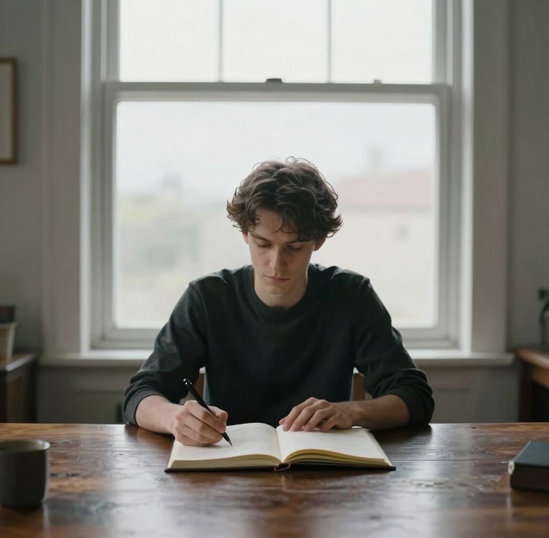 Clean, centered medium shot of a quiet, focused individual workspace with a single open journal and a pen on a dark oak desk, soft natural light from an overcast window, ample negative space.
