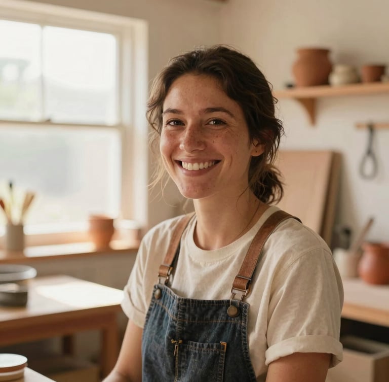A candid close-up of a local business owner smiling in her brightly lit workshop, warm sand and terracotta tones, natural window light, shallow depth of field