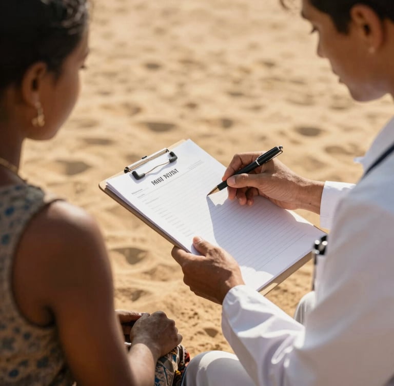 Hands of a healthcare worker gently explaining a chart to a mother in a warm sand-colored clinic room, natural golden-hour daylight, shallow depth of field.