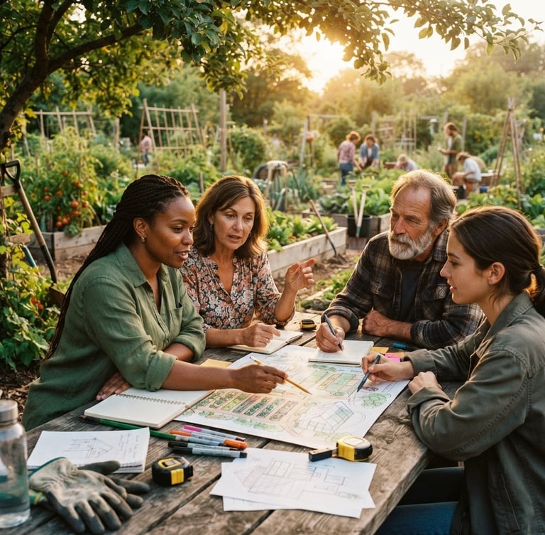 Candid medium shot of local leaders and organizers mapping a community garden project on a wooden table, warm golden-hour light filtering through leaves, rich organic tones
