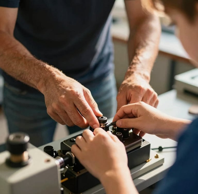 Candid close-up of hands-on vocational training, a mentor guiding a student's hands on a modern piece of machinery, warm natural light, shallow depth of field.