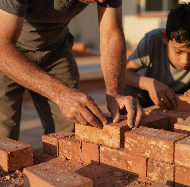 A close-up documentary shot of a local mason teaching a young apprentice how to lay terracotta bricks, warm golden hour light casting long shadows.