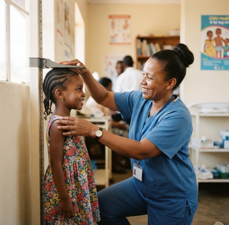 Candid medium-up shot of a local nurse smiling warmly while checking a child's height in a bright, sunlit community clinic, soft natural overcast light, authentic documentary style.