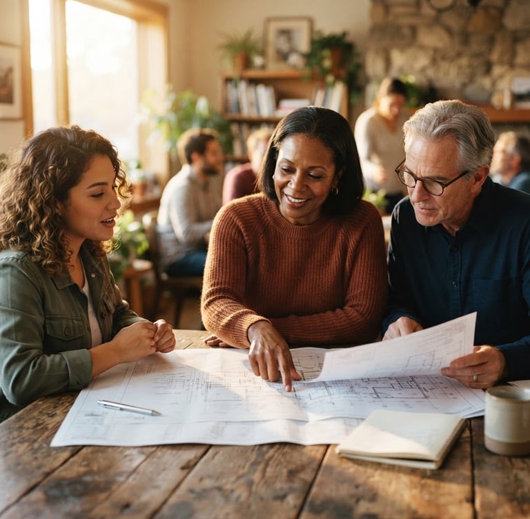 A warm-toned candid medium shot of community leaders in a sunlit room, reviewing architectural blueprints together on a wooden table, natural golden-hour daylight, shallow depth of field.