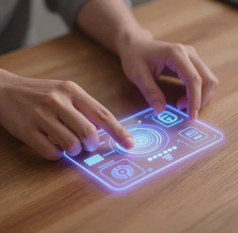 Hands interacting with a glowing digital interface projection on a wooden table, soft warm light blended with subtle purple neon, shallow depth of field