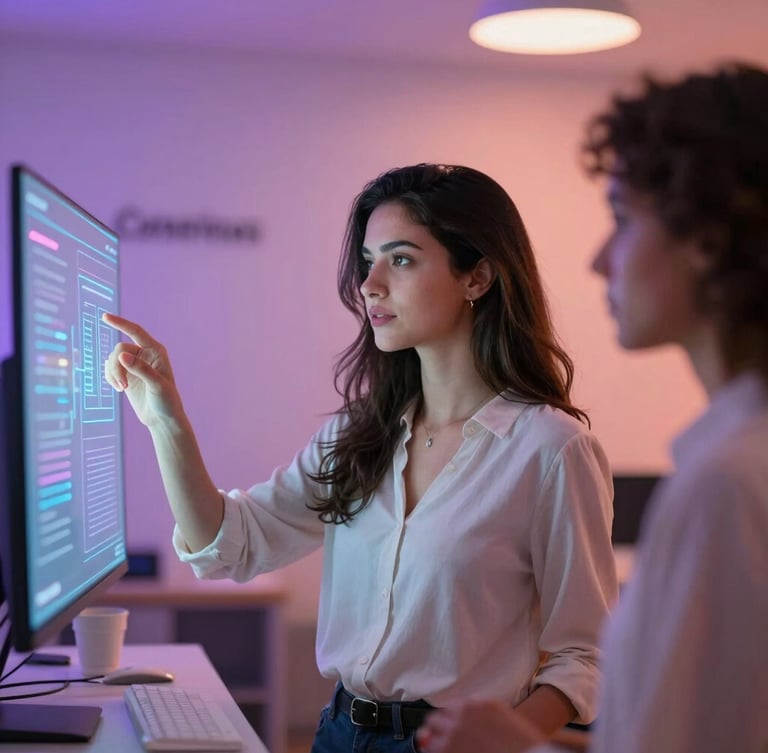 A professional woman in a modern educational space in Campinas, interacting with a subtle glowing digital interface, soft purple and coral ambient lighting, natural focus, shallow depth of field