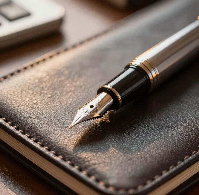 Extreme close-up of a premium fountain pen resting on a dark leather portfolio, warm golden hour light reflecting off the metallic clip, shallow depth of field, executive boardroom atmosphere.