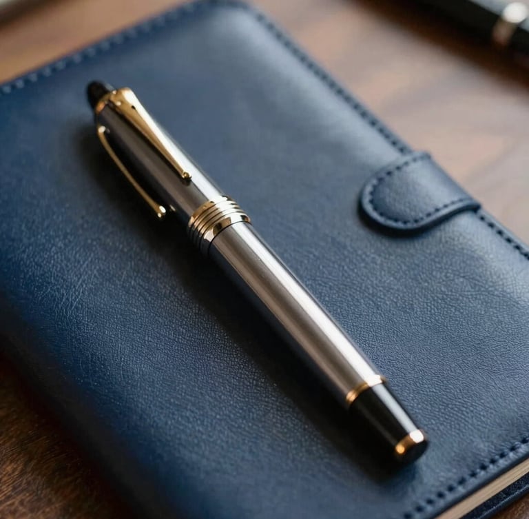 Close-up of a luxury fountain pen resting on a dark blue leather portfolio, warm side lighting, executive discretion concept