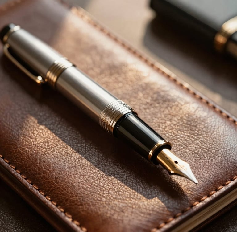 Extreme close-up of a luxury fountain pen resting on a leather portfolio, warm golden-hour light cutting through executive office shadows, shallow depth of field.
