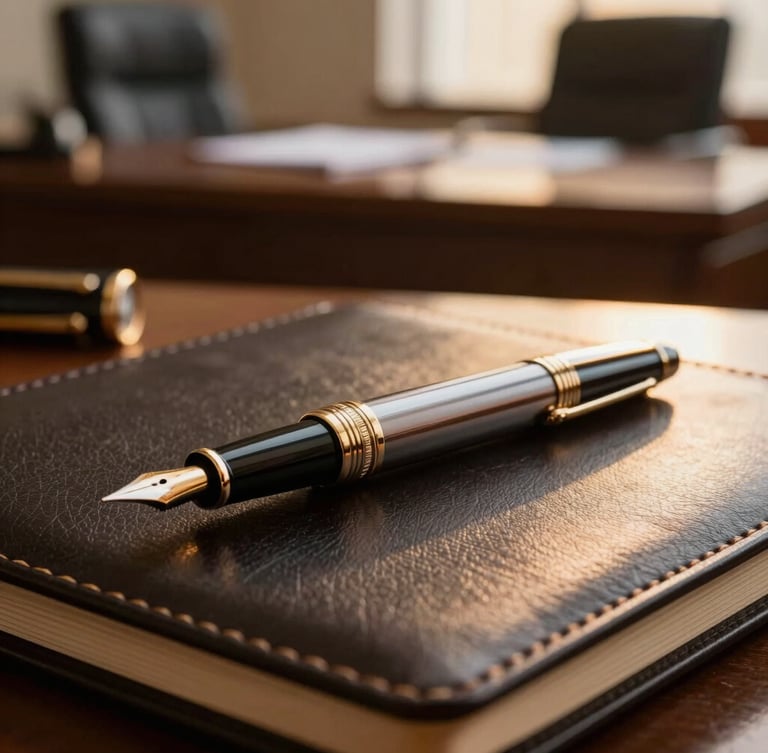 An elegant close-up of a luxury fountain pen resting on a dark leather portfolio, warm golden-hour light catching the metallic details, soft out-of-focus executive boardroom background.
