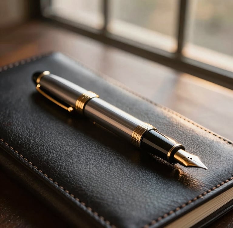 An elegant, cinematic close-up of a luxury fountain pen resting on a dark leather portfolio, warm golden hour light reflecting off the metallic accents, soft focus architectural glass in the background.