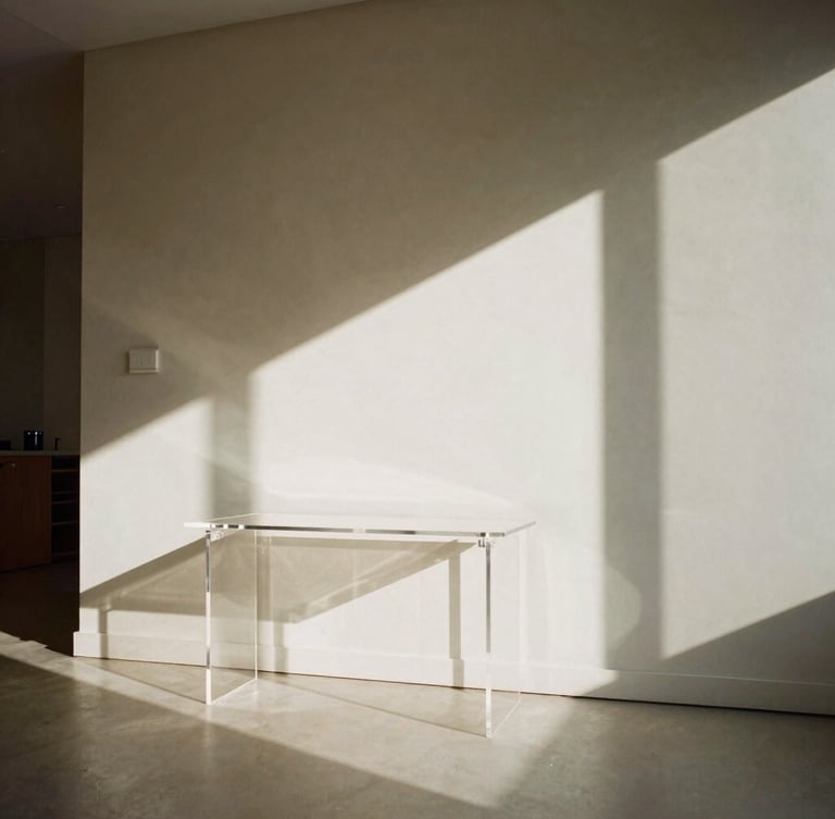 A low-angle architectural shot of a minimalist high-ceilinged apartment, sharp afternoon sunlight casting dramatic geometric shadows, a clear acrylic console table in the foreground, 35mm