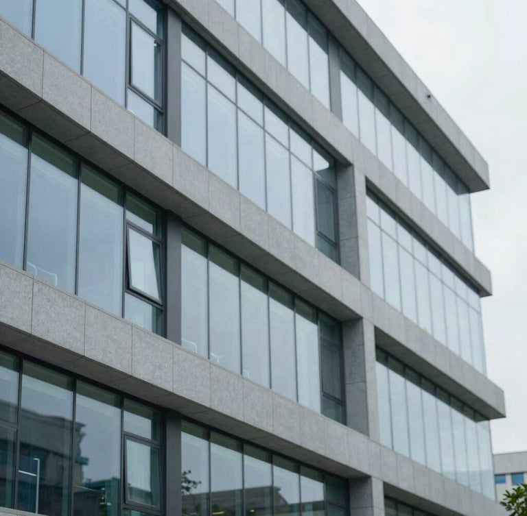 Abstract architectural details of a modern medical facility with clean glass panels and cool daylight, sharp focus.