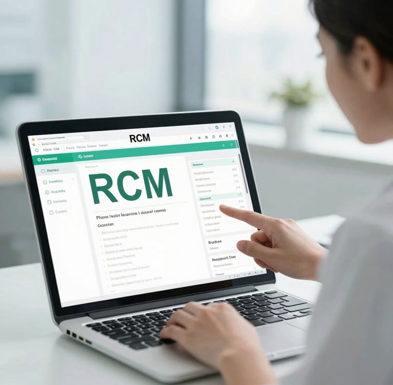 Close-up of a professional medical practice manager reviewing a clean digital RCM dashboard in a bright, modern clinical workspace, cool daylight.