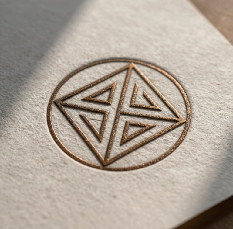Extreme close-up of heavy cotton archival paper with a blind debossed geometric seal, textured bronze accents, soft morning light with architectural shadows.