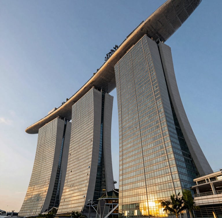 Low angle architectural perspective of Singapore Marina Bay financial towers during golden hour, sharp geometric lines of glass and steel reflecting warm light, negative space on the left.