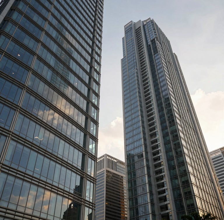 Low-angle architectural detail of towering modern glass and steel skyscrapers in Singapore's Marina Bay, captured during golden hour with soft warm light reflecting off geometric surfaces.