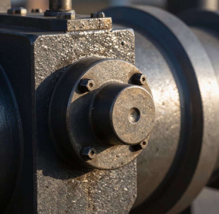 Extreme close-up of a rugged telemetry sensor bolted to a heavy steel industrial component, harsh high-contrast sunlight reflecting off the metal, sharp focus, industrial editorial style.