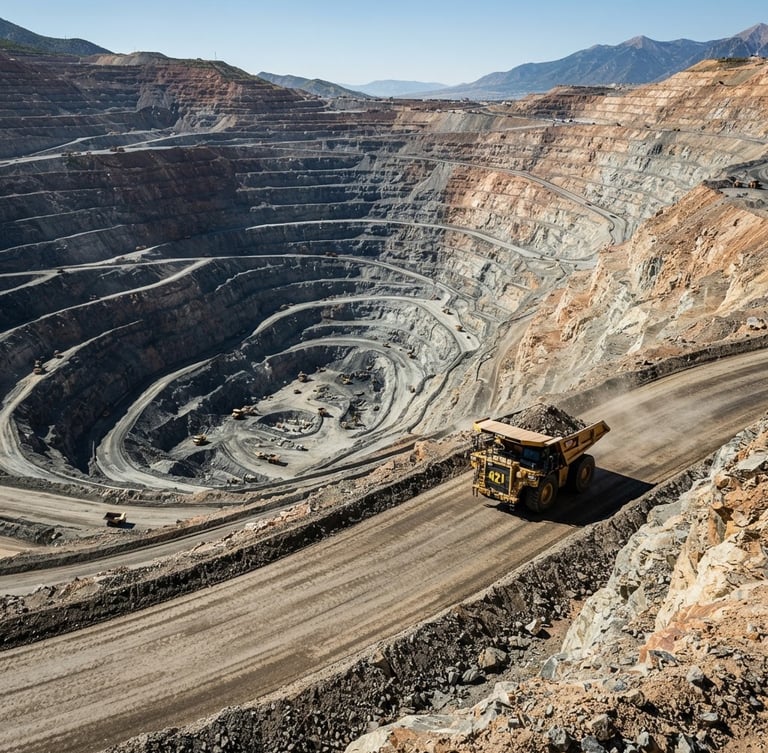 Wide-angle industrial editorial photography of a massive open-pit mine in Utah, harsh high-contrast sunlight casting deep shadows on tiered rock faces, giant haul truck climbing a dirt ramp, sharp focus, navy and gold tones.