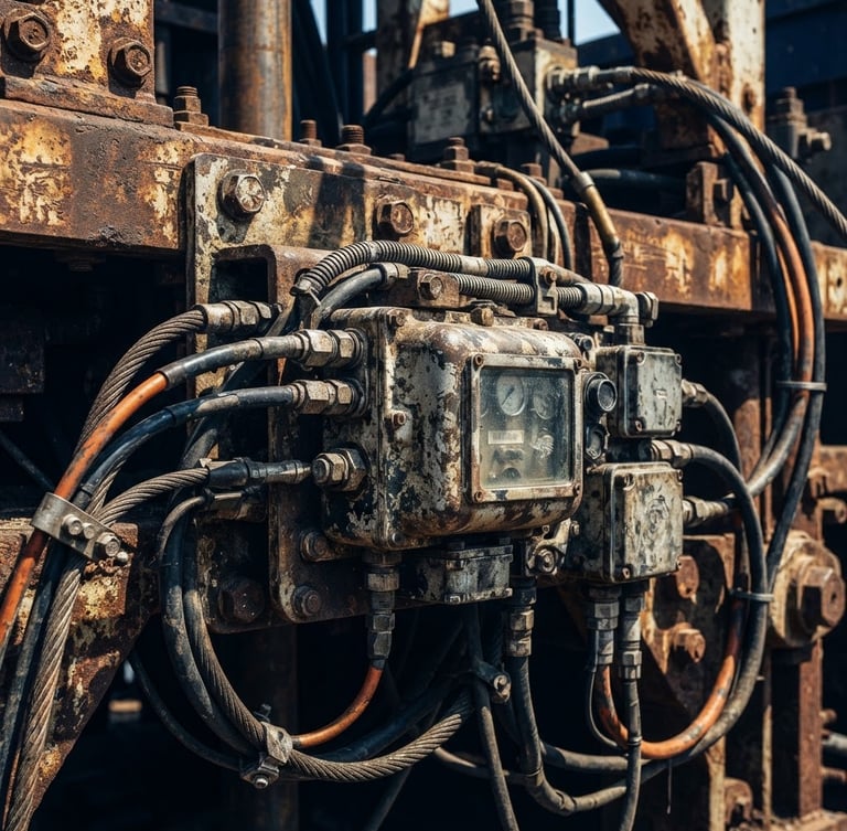 Extreme close-up of heavy telemetry hardware mounted to a rusted steel drill rig, harsh high-contrast sunlight, deep navy shadows, sharp focus.