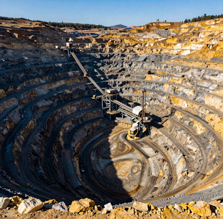 Wide environmental shot of a massive open-pit mine in the Mountain West, harsh midday sun casting deep shadows across stepped rock terraces, high-scale machinery visible.