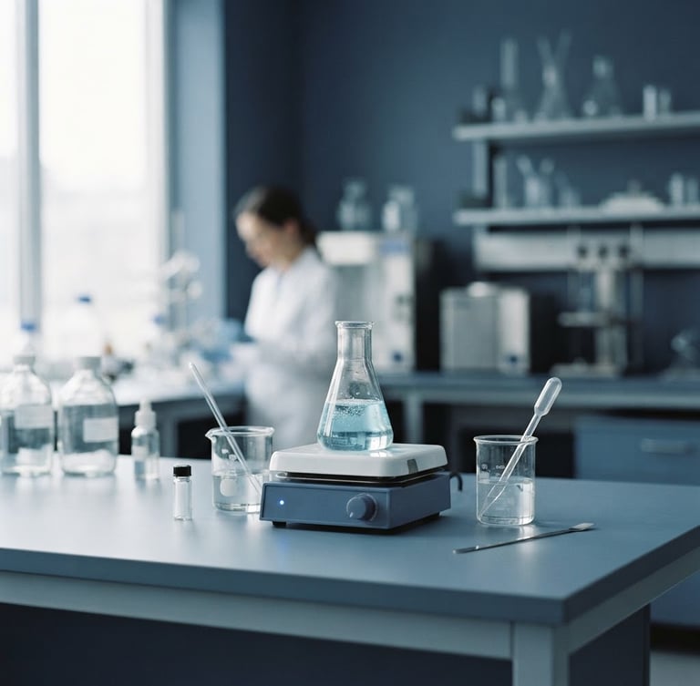 A minimalist laboratory setting with clean glass surfaces and slate blue tones under soft diffused daylight, shallow depth of field, 35mm
