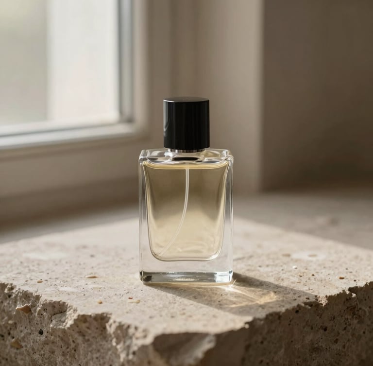 Sleek glass perfume bottle resting on textured warm stone, soft directional window light, minimalist neutral tones, macro lens, shallow depth of field