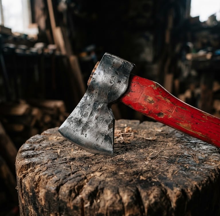 Close-up macro of a hand-forged steel axe head with a painted red handle, resting on a rustic wooden chopping block, warm natural workshop light with deep shadows