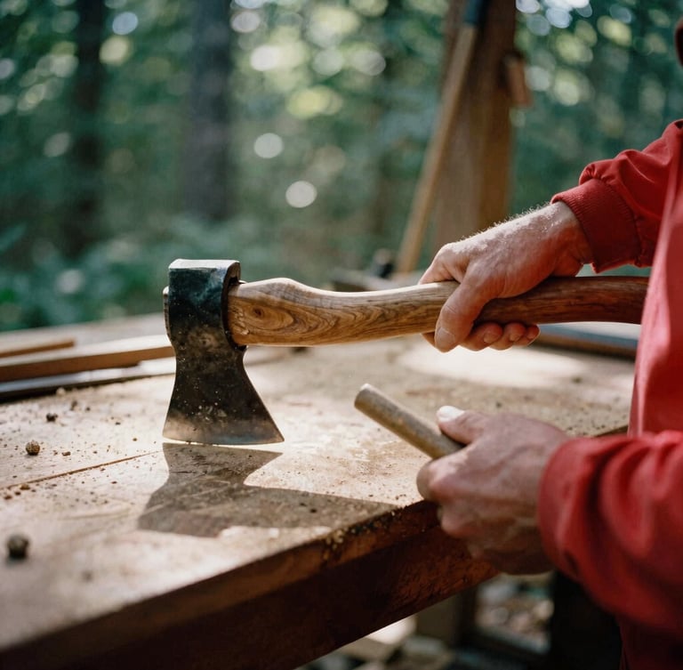 Close-up of a craftsman hands oiling a straight-grained hickory axe handle inside a sunlit wooden workshop, natural shadows