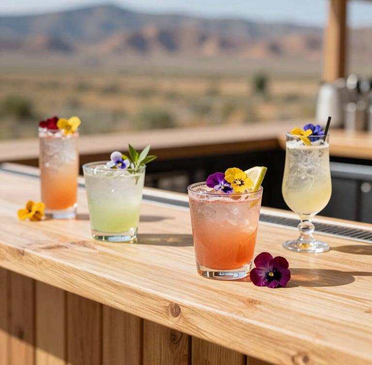 Bright editorial photography of a modern wooden bar setup outdoors in sunlit Utah, vibrant cocktails with edible flower garnishes, shallow depth of field, 35mm