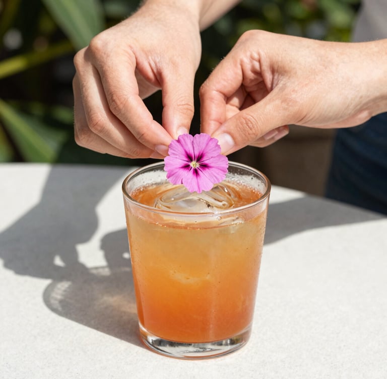 A close-up shot of hands carefully placing an edible pink wildflower garnish on a vibrant amber cocktail, soft sun-dappled lighting, outdoor garden setting, 35mm