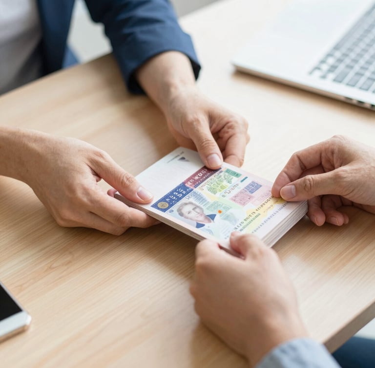 Bright editorial travel photography, close-up of hands organizing passports with approved visa stamps on a clean wooden desk, natural daylight, professional depth of field.