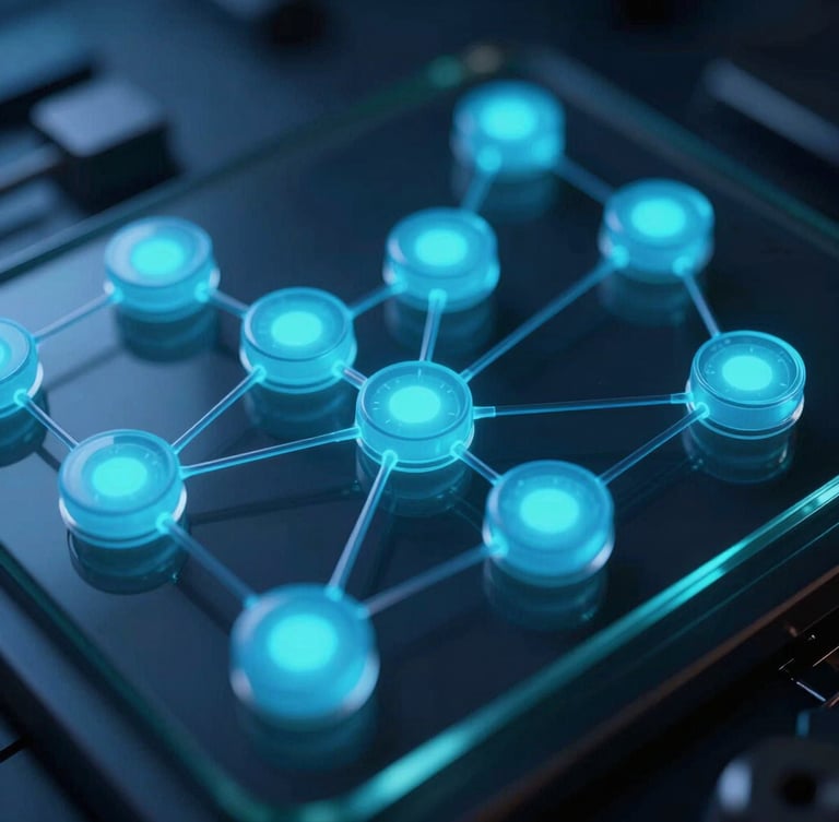 Macro close-up of a complex database schema, glowing cyan nodes and dark glass plates, cool ambient indigo lighting, high contrast.