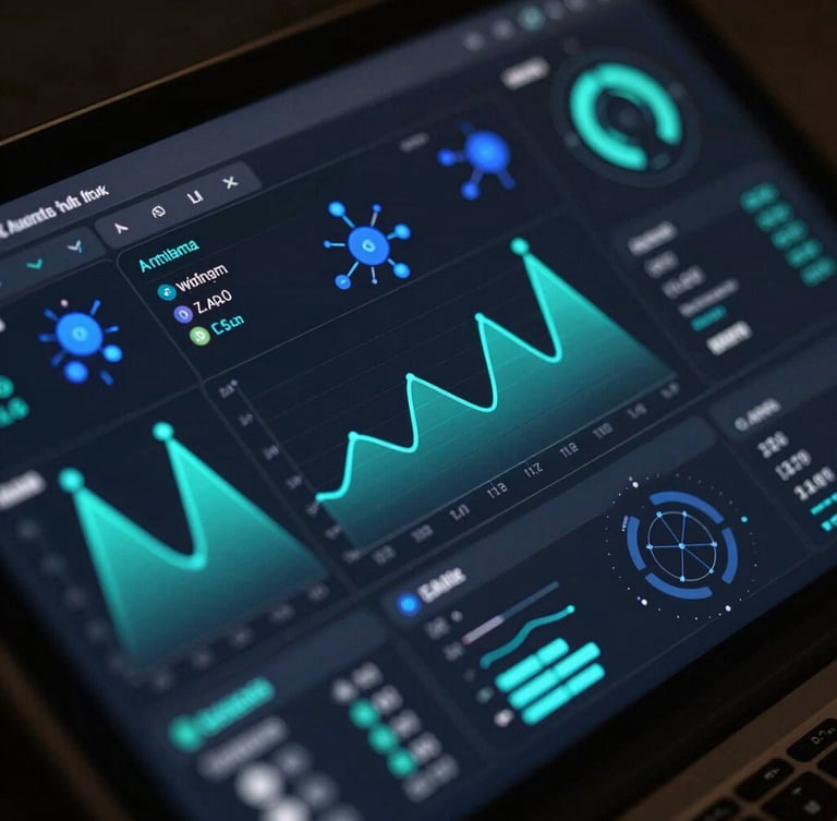 Macro close-up of a dark mode UI dashboard showing complex data visualization, neon-cyan telemetry charts, electric-indigo nodes, high-fidelity isometric render, low-key studio lighting.