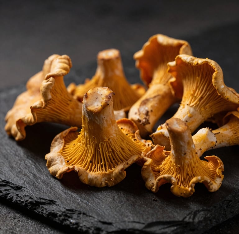 Extreme close-up of raw textured chanterelles on a dark stone surface, low-key dramatic lighting, shallow depth of field