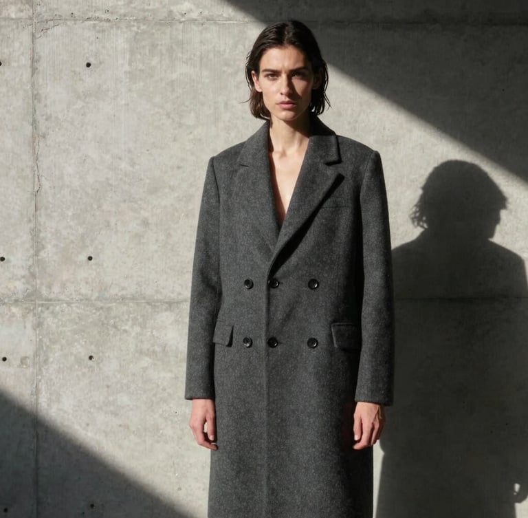 Cinematic portrait of a model in a sharp charcoal wool coat, standing against a brutalist concrete wall in Madrid, harsh midday sun casting deep geometric shadows, high contrast, minimalist composition, negative space on the left.