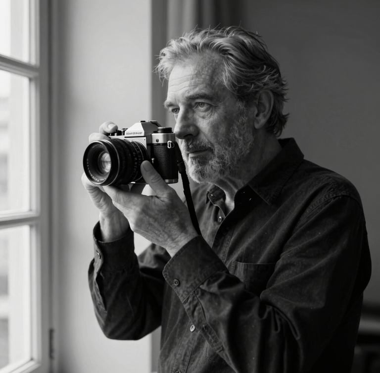 A high-contrast black and white portrait of photographer José Ignacio Ranger, holding a vintage camera, harsh side lighting from a window, soft shadows, elegant and minimalist composition.