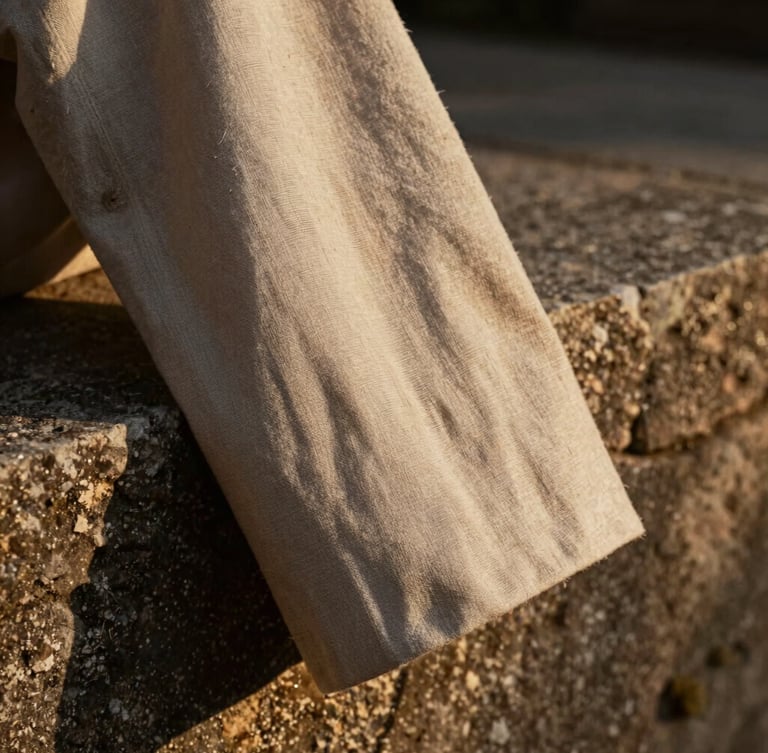 Close-up of raw linen fabric texture on a structured designer sleeve, draped over a rough stone ledge, low-angle golden hour light highlighting the weave, deep shadows, editorial framing.