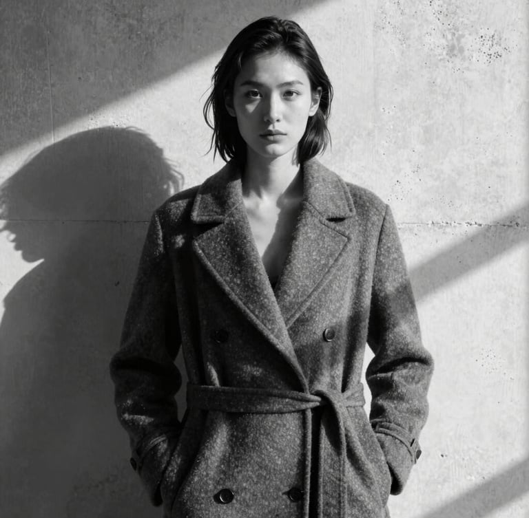 Cinematic portrait of a model in a structured wool coat, harsh natural shadows on a raw concrete wall, high-contrast black and white, editorial framing.
