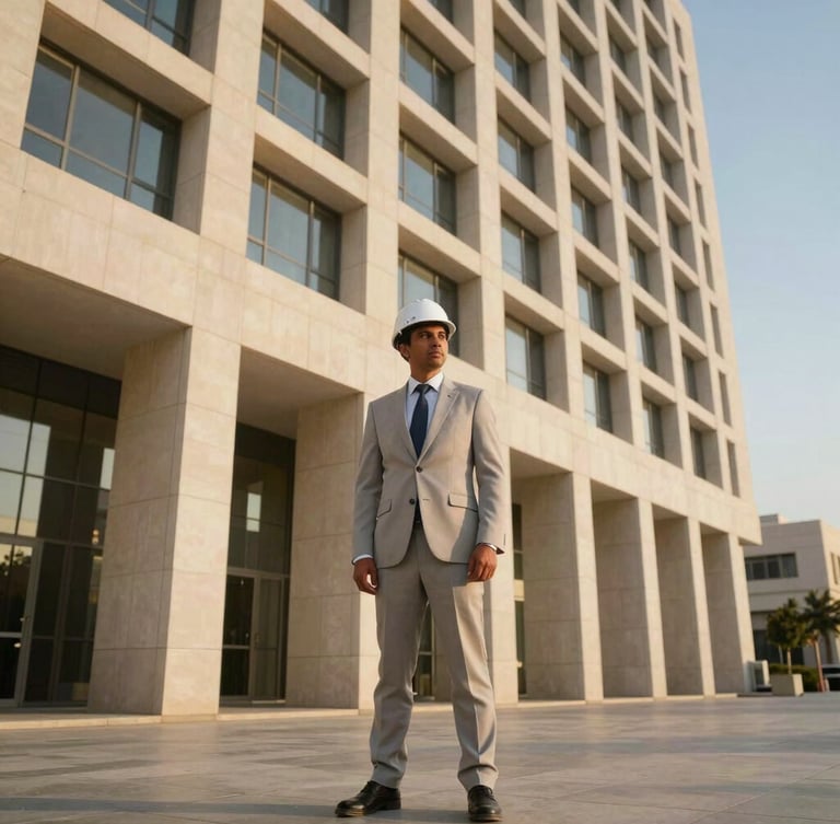 Professional portrait of an Egyptian civil engineer and executive in a crisp suit, standing before a modern architectural facade, golden hour light