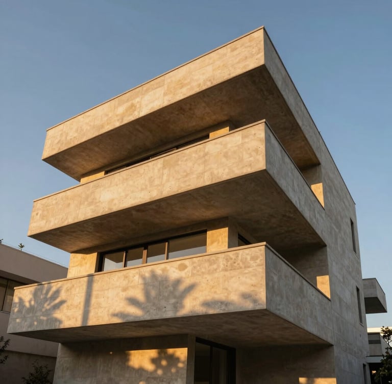 Dramatic low-angle architectural photograph of The Helix Residence facade, golden hour sunlight casting sharp shadows on warm sand-colored concrete, clean structural lines.