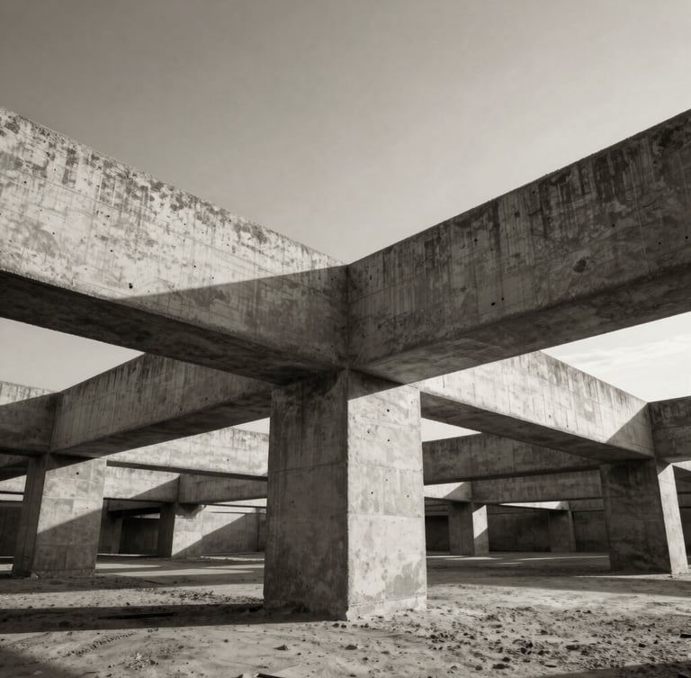 Dramatic high-contrast architectural photography, black-and-white structural engineering detail of concrete joints, strong leading lines, warm sand undertones