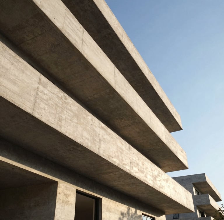 Low-angle architectural photograph of a modern residential concrete structure under crisp daylight, sharp leading lines, geometric concrete frames.