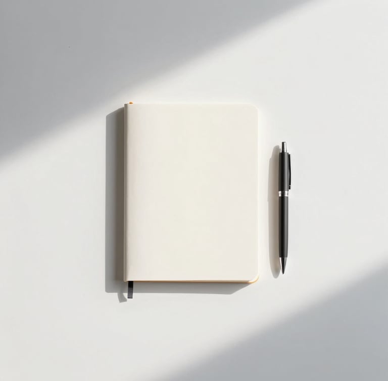Minimalist overhead desk setup with a single notebook, a pen, and soft morning sunlight casting long shadows, clean white surface, sharp focus