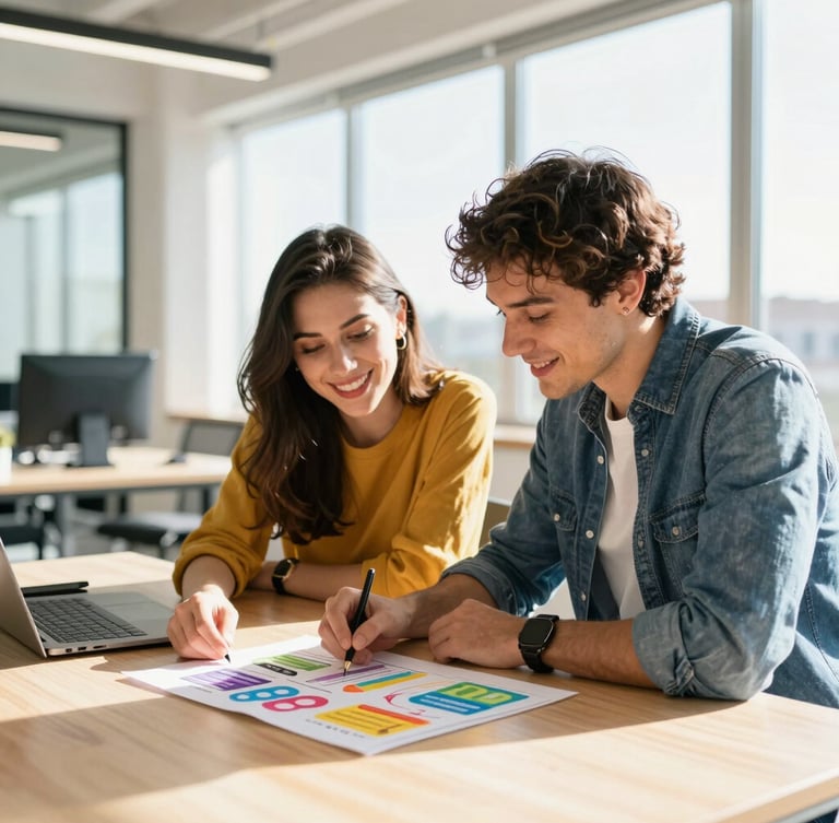 Bright editorial photography of a modern, sunlit Maslak office, two smiling young creative partners looking over a colorful brand strategy sketch on a light wood desk, natural high-key daylight, 35mm lens, shallow depth of field.