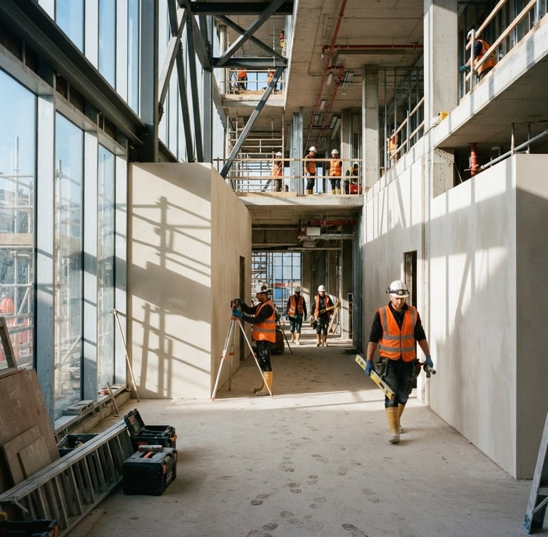 Modern active construction site with high-visibility gear workers, crisp morning light casting architectural shadows on newly leveled plaster walls, wide-angle realistic shot