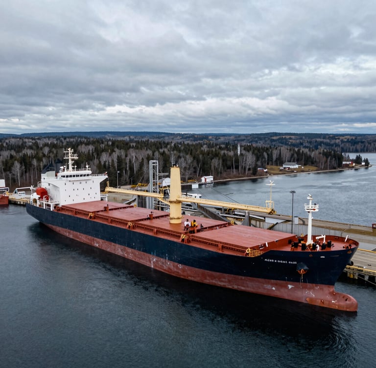 Aerial wide-angle view of a deep-water industrial port in northern Canada, massive cargo ships docked, heavy loading infrastructure, overcast cool lighting, rugged pine forests in the background